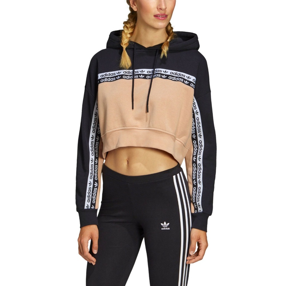 🩷 Adidas Women's Black and Pink Logo Cropped Hoodie